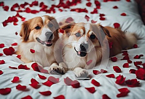 rose full hug red background petals dogs two lying taking cuddle love flower embracing bed selfie couple smartphone
