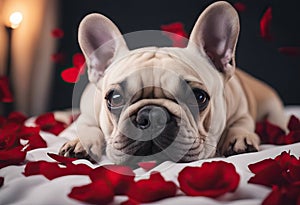 rose full peace red background petals dog bulldog lying victory arrow love flower mouth bed fingers french