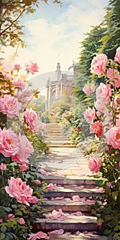 Rose Garden Walk: A Hyper Realistic Watercolor Landscape With Pink Roses