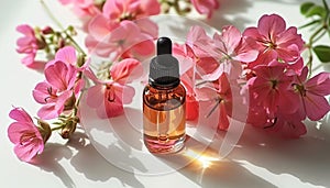 Rose geranium essential oil isolated on white