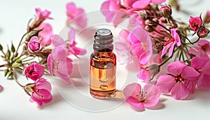 Rose geranium essential oil isolated on white