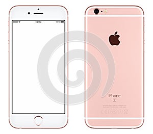 Rose Gold Apple iPhone 6s mockup front view with white screen and back side with Apple Inc logo