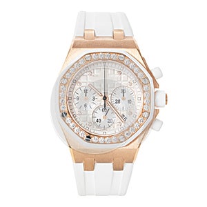 Rose gold chronograph watch with rubber strap