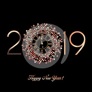 Rose Gold Clock indicating countdown to 12 O` Clock 2019 New Year`s Eve on a black background