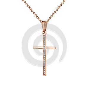 Rose gold cross, a pendant with diamonds, golden chain, isolated on white