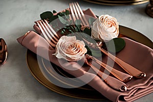 Rose gold cutlery and linen napkins complete the holiday table arrangement. Up close