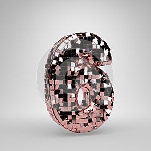 Rose Gold Disco ball number 6 on white background. 3D rendered alphabet