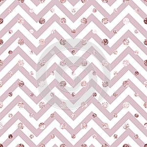 Rose gold dots. Pink seamless pattern foil. Chevron zigzag texture. Sparkle irregular dot. Golden roses scatter glitter dots. Fash