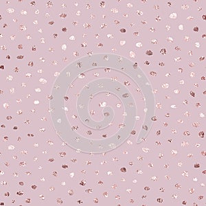 Rose gold dots. Seamless pattern foil. Pink sparkle irregular dot. Golden roses scatter glitter dots. Elegant marble texture. Fash