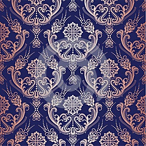 Rose gold floral damask wallpaper on navy background