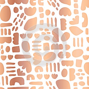 Rose Gold foil Abstract shapes seamless vector pattern paper cut out collage style. Copper foil background