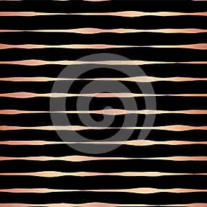 Rose Gold foil hand drawn horizontal lines seamless vector pattern. Copper wavy irregular stripes on black background. Elegant de