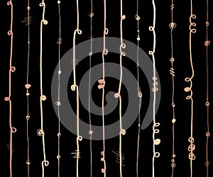 Rose Gold foil metallic abstract vertical lines seamless vector pattern.Copper wavy vertical stripes with twirl elements on black