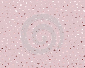 Rose gold foil. Seamless pattern. Scatter marble sparkle dots. Pink backdrop. Roses golden spots. Background glitter random dots,