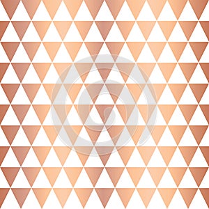 Rose Gold foil triangle geometric seamless vector pattern. Copper shiny triangle shapes on white background. Elegant for web