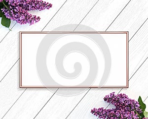 Rose gold frame mockup on a wooden painted white background. 1x2 Landscape