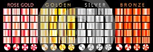 Rose gold, golden, silver, bronze gradient,pattern,template.Set of colors for design,collection of high quality gradients.Metallic