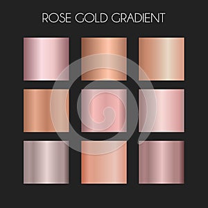 Rose gold gradient vector set, bronze foil texture isolated on black background. Pink golden shiny metallic background template.