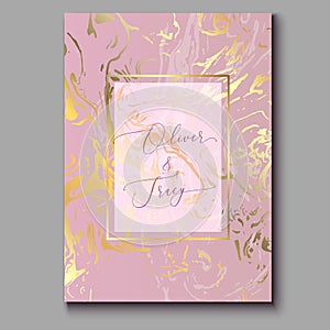 Rose gold marble invitation template. Realistic marble texture with foil effect. Ebru painting background.