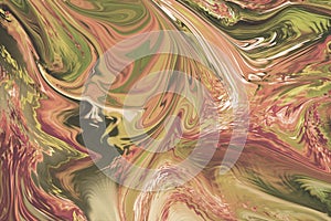 Rose gold marbling background. Abstract mixed media acrylic art. Lovely swirls of marble with sliver gold streaks.