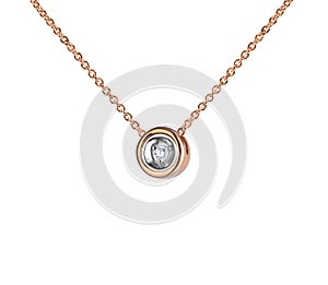 Rose gold pendant with huge diamond, round shape, golden chain, isolated on white