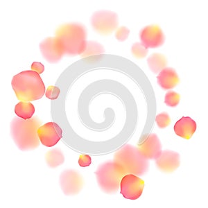 Rose gold petals flying cosmetics vector background.