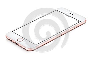 Rose gold phone mock-up CW rotated lies on the surface