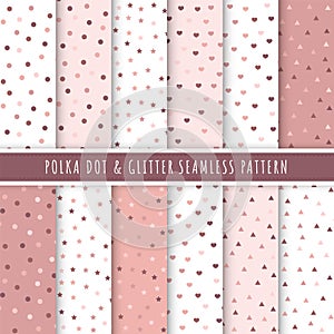 Rose gold polka dot and glitter seamless pattern collection. Set of 12 polka dot background texture. Pink gold glitter