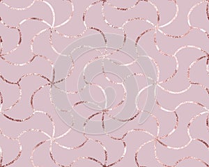 Rose gold. Seamless pattern. Beautiful roses golden fan tiles. Glitter marble fishnet. Background sparkle lines. Elegant gold foil
