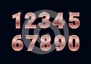 Rose gold shiny numbers set, metal font signs isolated on black background. Luxury fashion pink golden typography design for