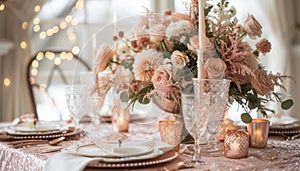 A rose gold-themed tabletop arrangement, where metallic accents harmonize with a soft color