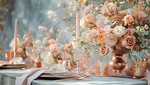 A rose gold-themed tabletop arrangement, where metallic accents harmonize with a soft color