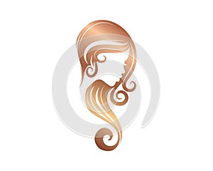 Rose gold vector icon girl silhouette with wavy long hair