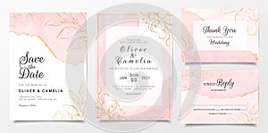 Rose gold watercolor wedding invitation card template set with golden floral decoration. Abstract background save the date, photo