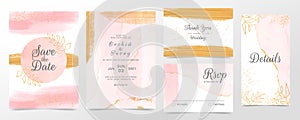 Rose gold wedding invitation cards template set. Abstract watercolor background of pink brush stroke splash