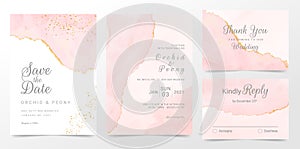 Rose gold wedding invitation cards template set. Artistic watercolor background of pink brush stroke splash. Abstract foil design