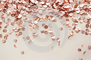 Rose golden confetti scattered on blush pink background. Generative AI