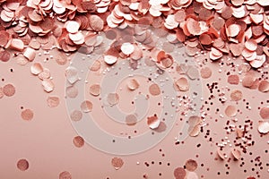 Rose golden confetti scattered on blush pink background. Generative AI