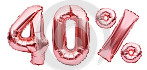 Rose golden fourty percent sign made of inflatable balloons isolated on white.Helium balloons, pink foil numbers. Sale decoration