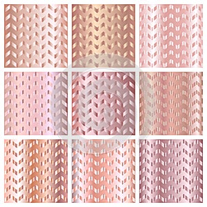 Rose golden metal gradient chevron pattern backgrounds set