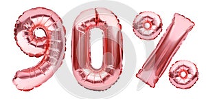 Rose golden ninety percent sign made of inflatable balloons isolated on white.Helium balloons, pink foil numbers.Sale decoration,