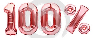 Rose golden one hundred percent sign made of inflatable balloons isolated on white. Helium balloons, pink foil numbers. Sale