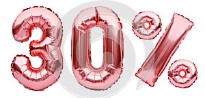 Rose golden thirty percent sign made of inflatable balloons isolated on white.Helium balloons, pink foil numbers. Sale decoration