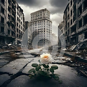 A rose grew in the middle of a deserted road. photo