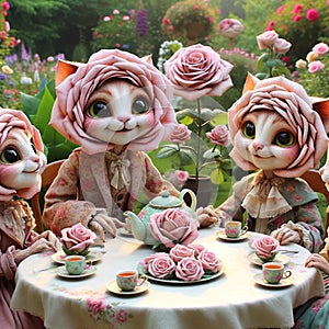 Rose Hat Revelry: AI-Generated Fantasy Tea Party with Adorable Animal Guests