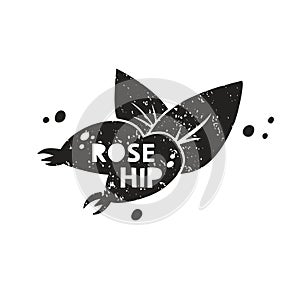 Rose hip grunge sticker. Black texture silhouette with lettering inside. Imitation of stamp, print with scuffs