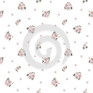 Rose hip pink flowers with buds and green leaves, Victorian style, watercolor seamless pattern on white background.