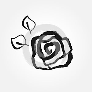 Rose with leaves drawn by hand. Icon, logo, symbol, sign. Grunge, sketch, doodle, watercolor.