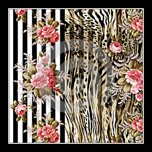 Rose and leopard pattern.Silk scarf design, fashion textile.