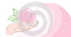 The rose lies in the palm of your hand. One continuous line drawing. Colored horizontal banner.